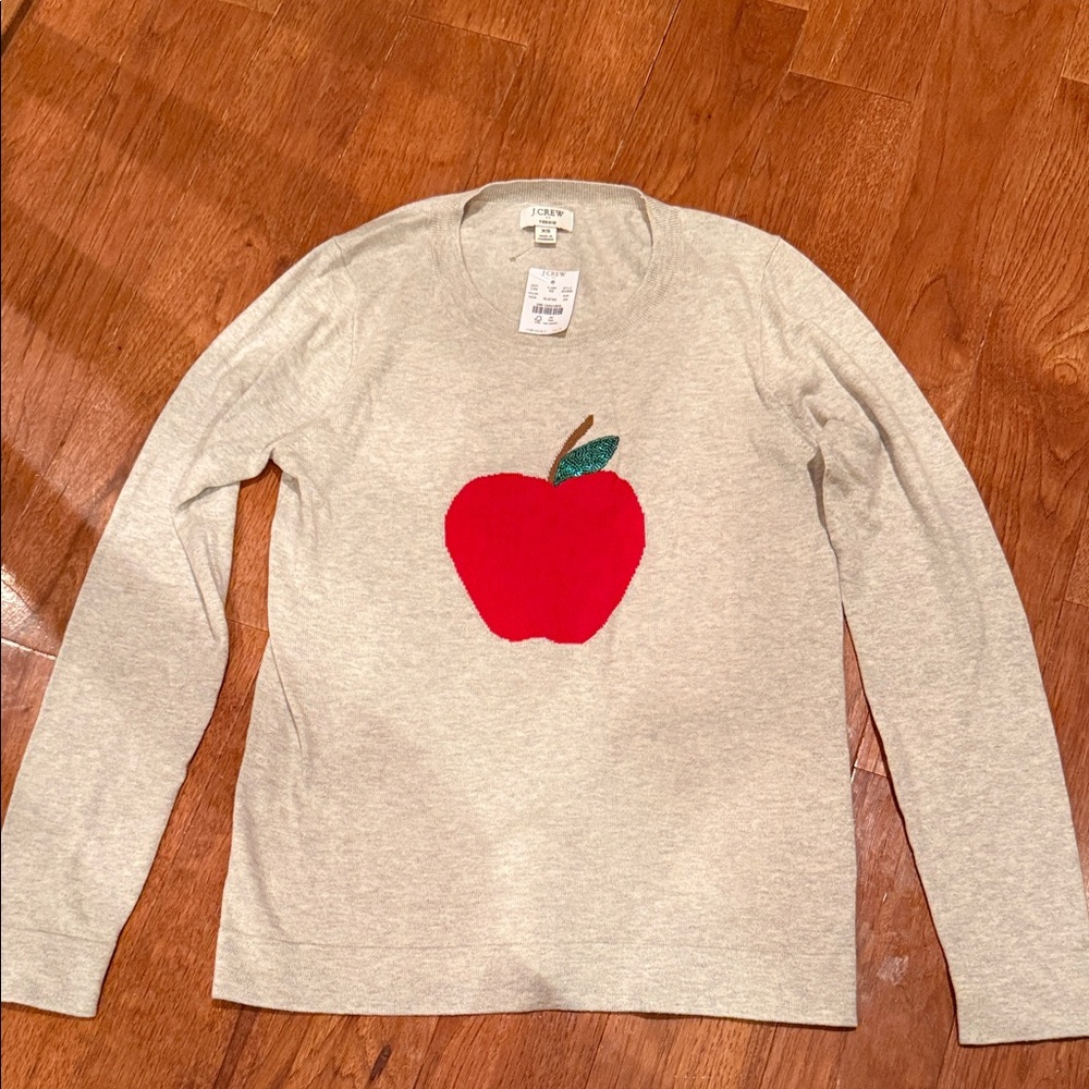 J. Crew Lightweight Teddie Sweater with Red Apple Motif